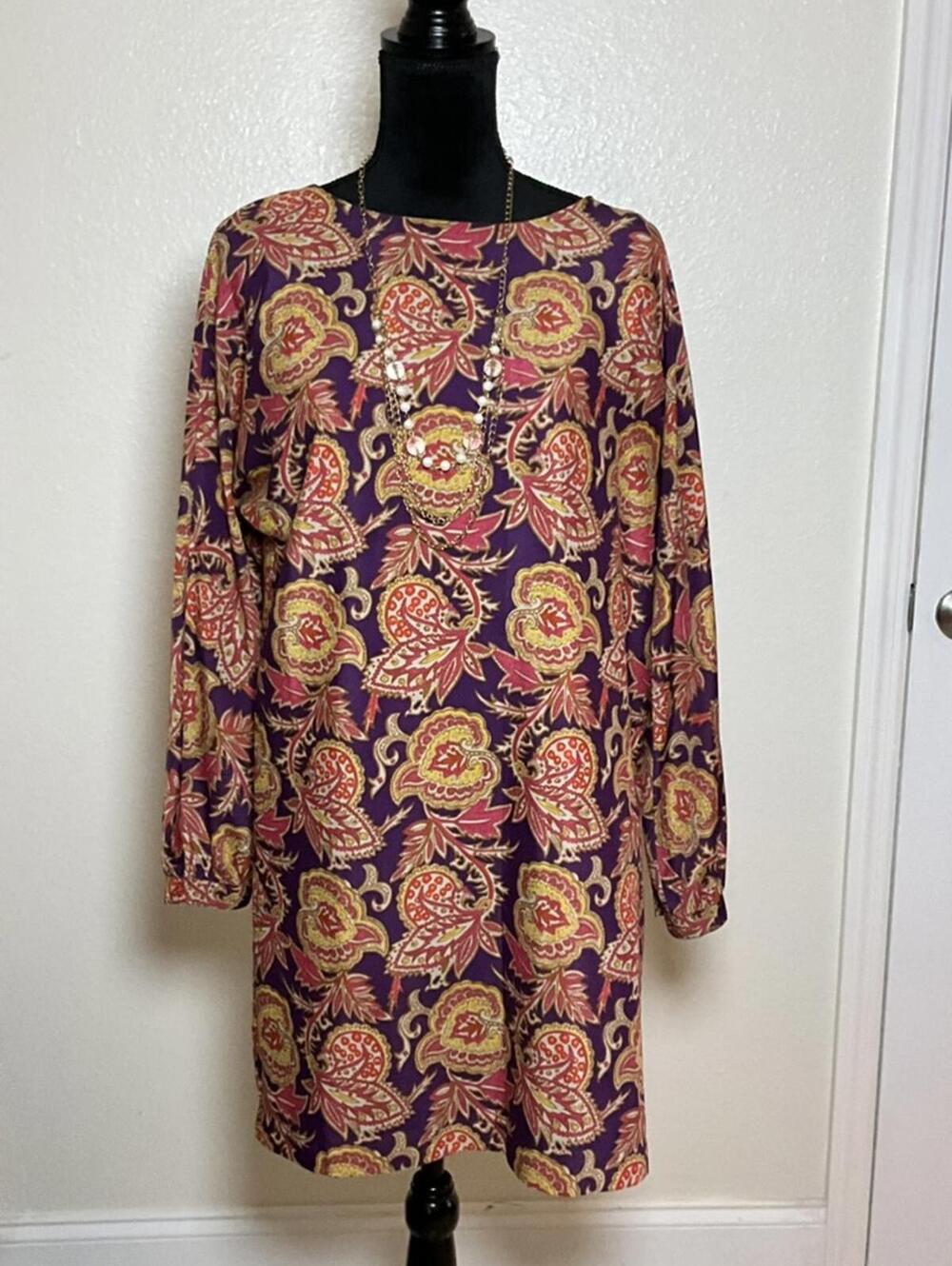 LOFT Petite Paisley Shift Dress Sz MP Purple Long Sleeve Lined